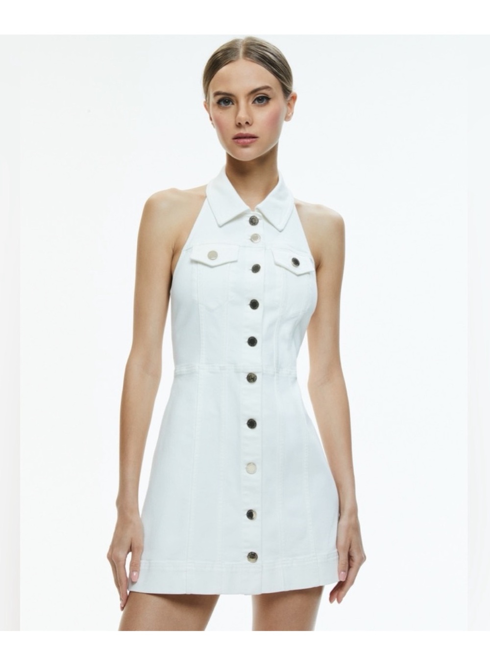 Alice & Olivia White Halter Button-Front Mini Dress